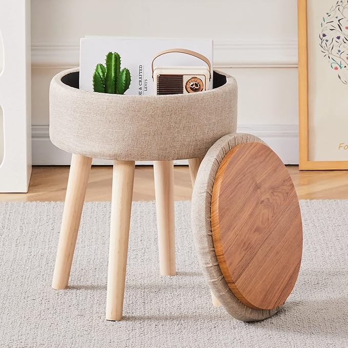 Mxfurhawa Storage Ottoman Linen Round Vanity Stool Tray Top Modern Foot Stool - Image 3