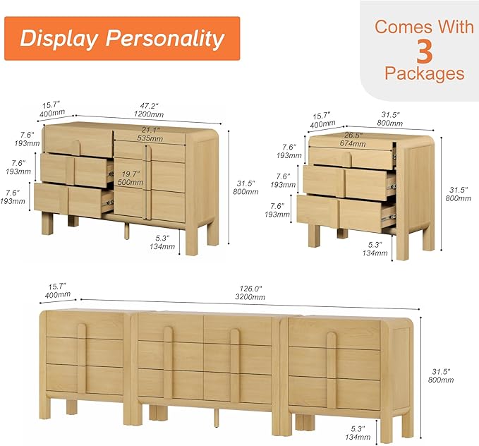WAMPAT 3 Piece Bedroom Dresser Set, 110.2" Wide Mid Century Modern Chest of - Image 2