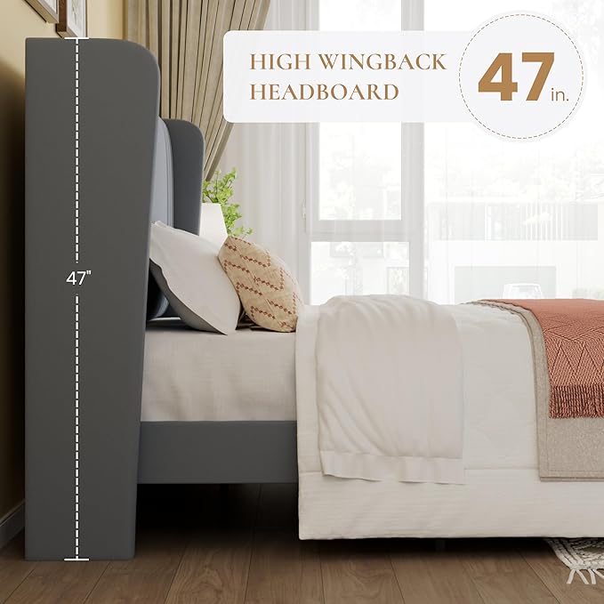 SHA CERLIN Queen Size Velvet Upholstered Platform Bed Frame - Image 5