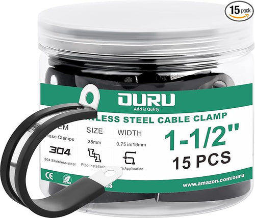 15pcs 1-1/2 Inch Stainless Steel Cable Clamps, Rubber Coated Cushioned by OURU