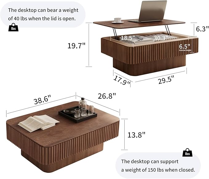 LKTART Lift Top Coffee Table for Living Room, Accent Fluted Coffee Table - Image 2