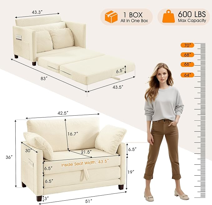 51" Loveseat Sleeper Sofa Bed, Corduroy Convertible Floor Sofa Bed - Image 2