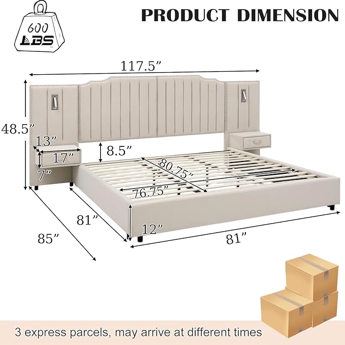 King Size Bed Frame with Storage, Luxury King Platform Bed Frame with Headboard - Image 2