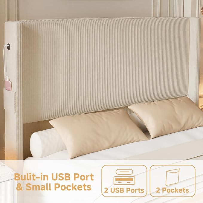 Queen Size Bed Frame with Headboard, Upholstered Platform Bed with Tall - Image 5