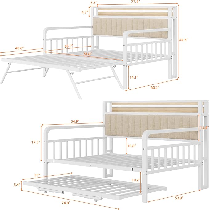 Daybed with Trundle and LED Light, Heavy Duty Metal Full Bed Frame with - Image 2