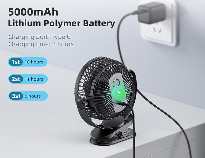Svinkal USB Personal Clip on Fan 5000mAh Battery Operated 6in, Type C, 3 Speed - Image 3
