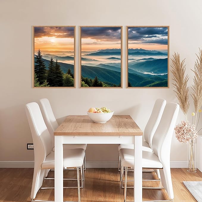 LHIUEM Large Nature Mountain Sunrise Framed Canvas Wall Art, Modern Misty Tree - Image 3