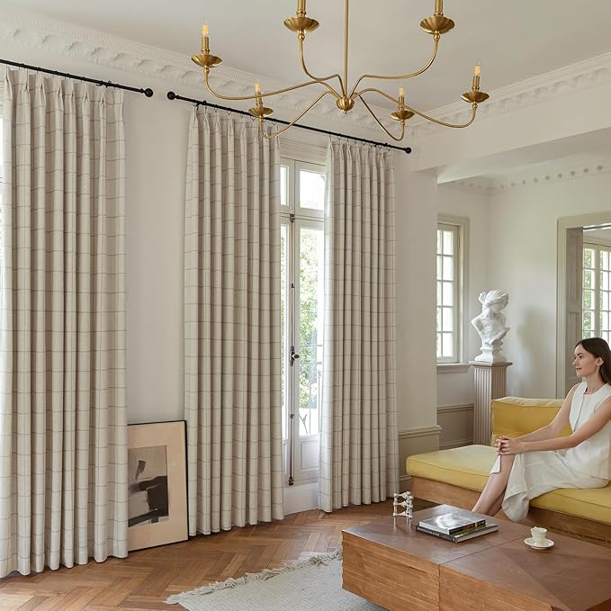Pinch Pleated Plaid Curtains Blackout Linen Gingham Curtains - Image 2