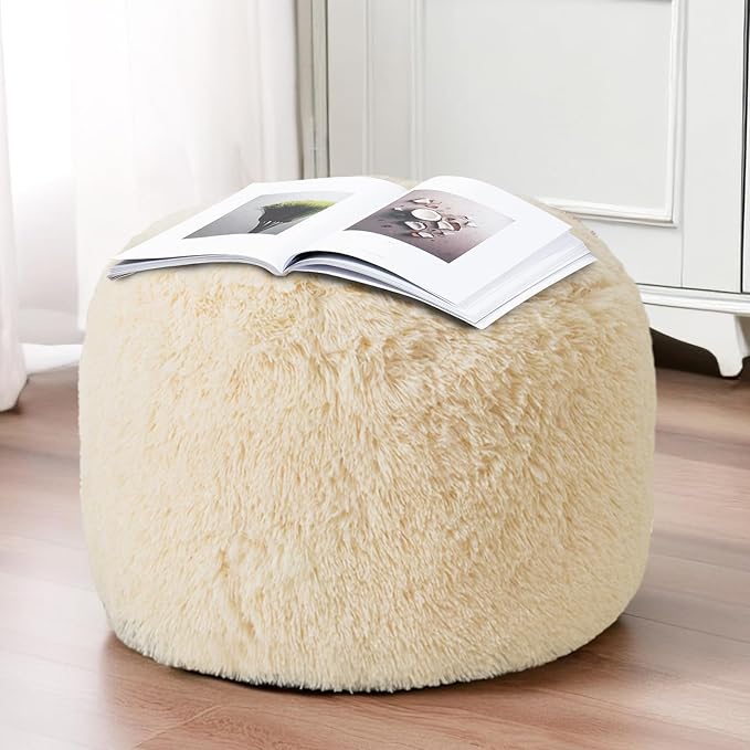 HIGOGOGO Round Stuffed Pouf Ottoman, Long Faux Fur Poufs - Image 5