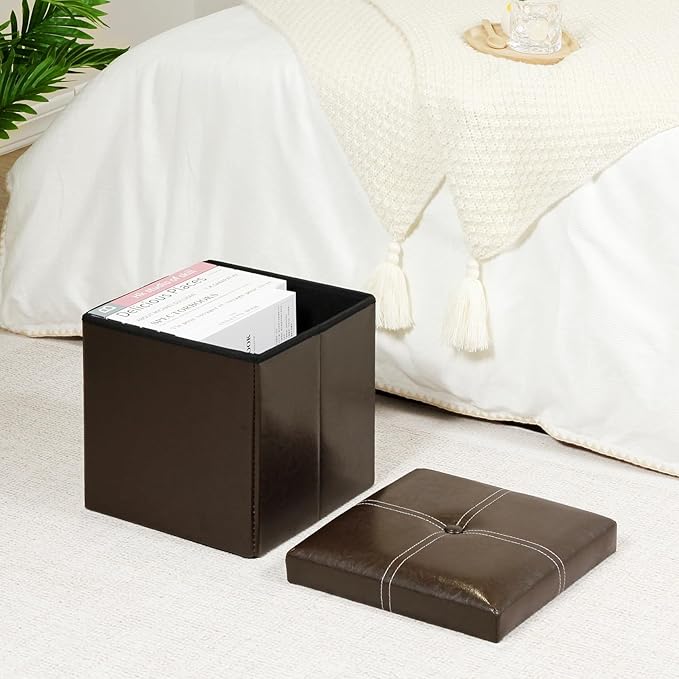 B FSOBEIIALEO Folding Storage Ottoman Cube, Faux Leather Footrest Seat Coffee - Image 2