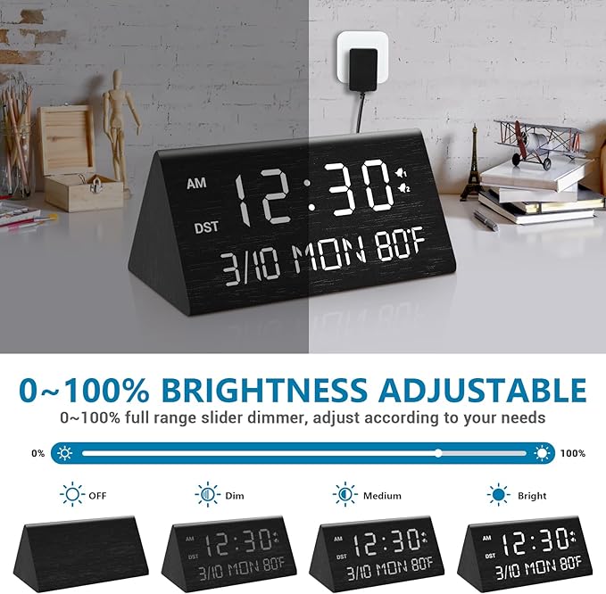 Kogonee Wooden Digital Alarm Clock, 0-100% Dimmer, 2 Alarm Settings, - Image 3