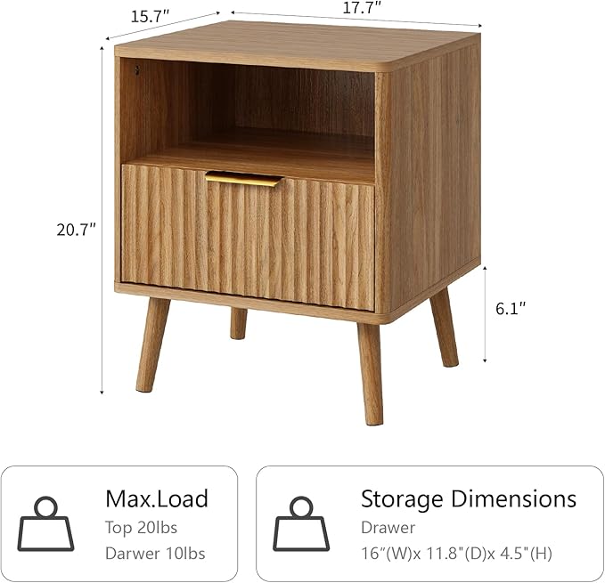 CARPETNAL Fluted Nightstand, Walnut Bedside Table - Image 2