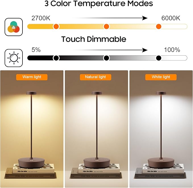 2Pack Cordless LED Table Lamp，Rechargeable Battery Desk Lamps, 3 Color Stepless - Image 6