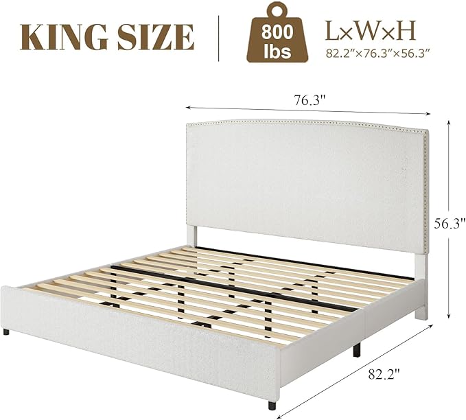 King Size Bed Frame and Headboard, Soft Boucle Fabric, No Box Spring Needed - Image 2