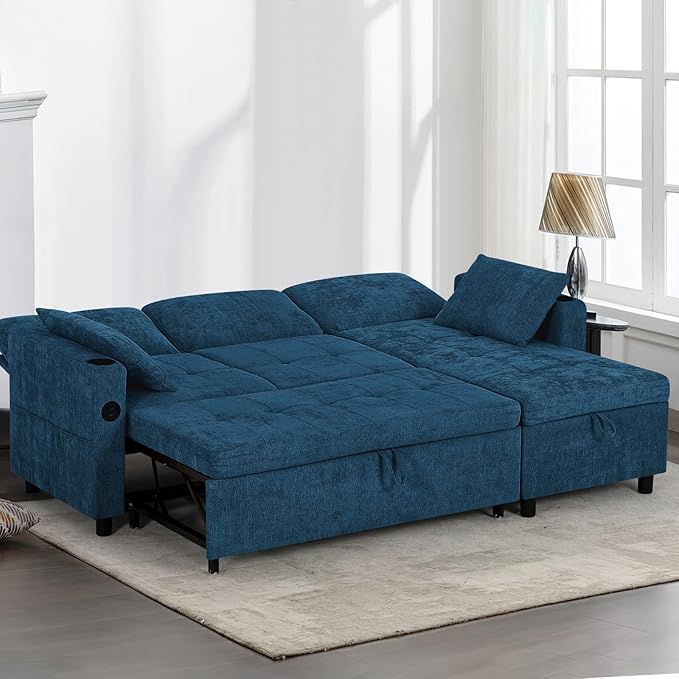 84" Chenille Pull Out Sofa Bed w/Adjustable Backrest, L-Shape Modern Sleeper - Image 8