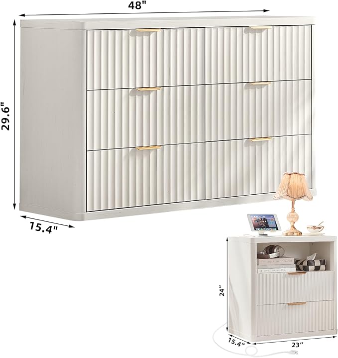 LEYAOYAO 48" Wide Fluted Dresser and 2 Drawers 23" Nightstand Set of 2 - Image 3
