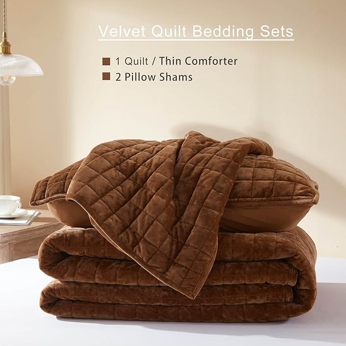 LEAONME Velvet Quilt Full/Queen Size-90''x98'', Lightweight Caramel Velvet - Image 6