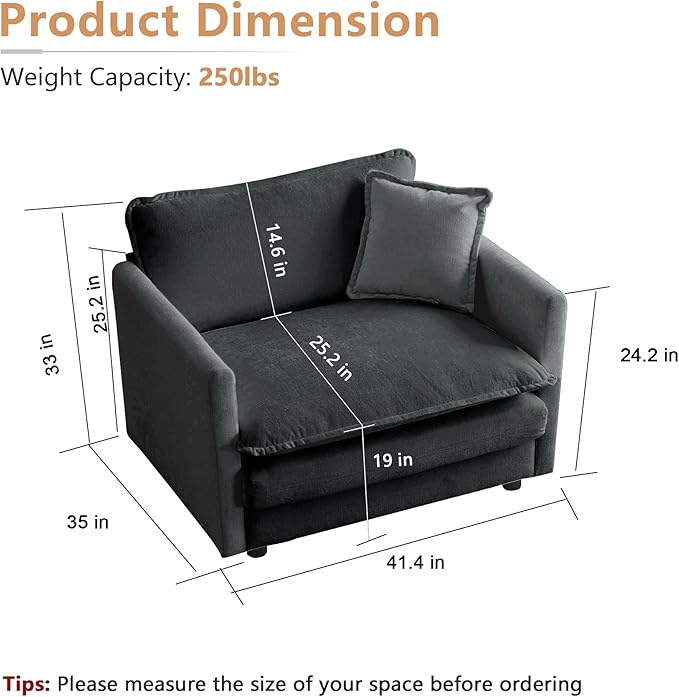 mikibama 41.4" W Single Seat Sofa, Chenille Comfy Deep Upholstered Couch - Image 2