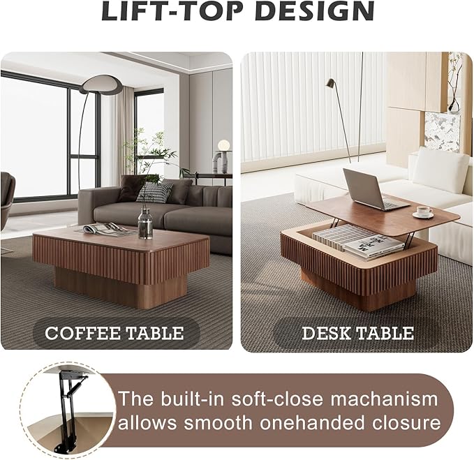 Lift Coffee Table with Storage & Adjustable Height, Solid Wood Coffee Table - Image 4