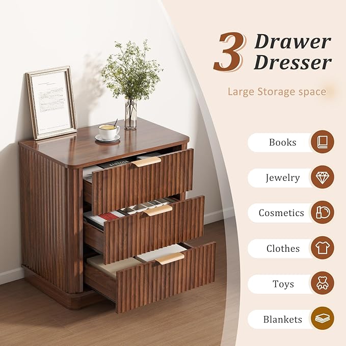 LYNCOHOME Fluted Night Stand Set of 2, Large 3 Drawer Nightand, Wood Bedside - Image 3