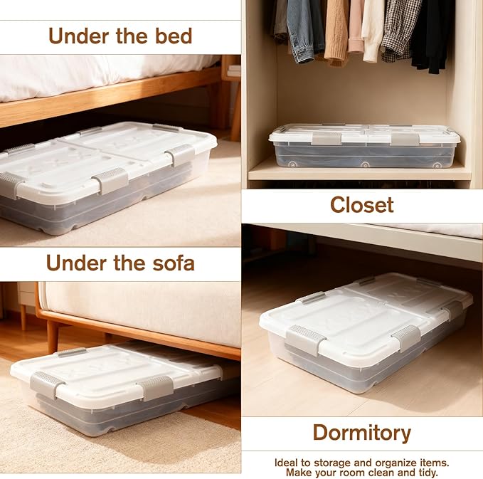 4 PCS*49 Qt Wheeled Latching Under Bed Storage, Double Opening Lids Stackable - Image 4