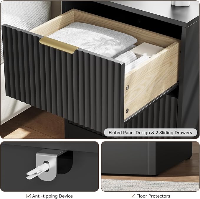 9 Drawer Dresser & Nightstand Set 3-Piece, 63” Wide Fluted Bedroom Dresser Set - Image 5