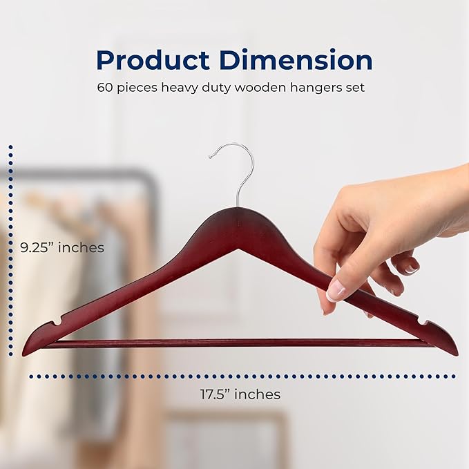 SereneLife 60-Pack Wooden Hangers Cherry Finish – Heavy Duty Suit & Clothes - Image 2