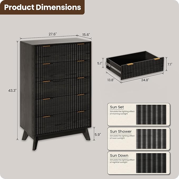 43'' Hight 5 Drawers Dresser for Bedroom, Modern Fluted Vertical Chest - Image 2