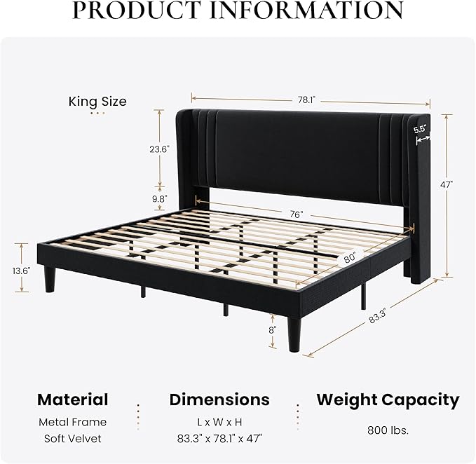 SHA CERLIN King Size Velvet Upholstered Platform Bed Frame - Image 2