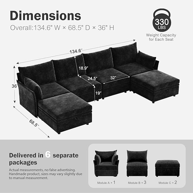 ABCASA 134.6" Oversized Modular Sectional Sofa, 6 Seater U Shaped Couch - Image 2
