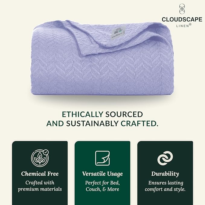 Cloud Scape Linen 100% Cotton Blanket 92x92 Lavender Blue - Image 5