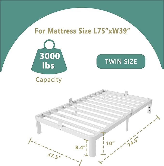 ITIMIDI 10 Inch White Bed Frame Twin Size - Image 2