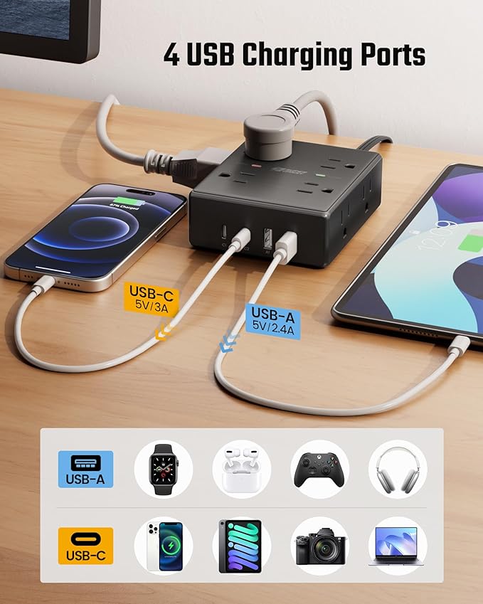 20Ft Long Extension Cord, Flat Plug Power Strip Surge Protector, 8 Outlet 4 USB - Image 4