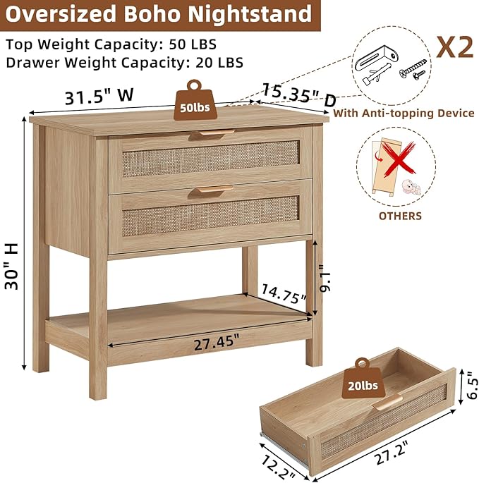 LEYAOYAO 31.5" Wide Rattan Night Stand, Oversized Large Boho Nightstand - Image 2