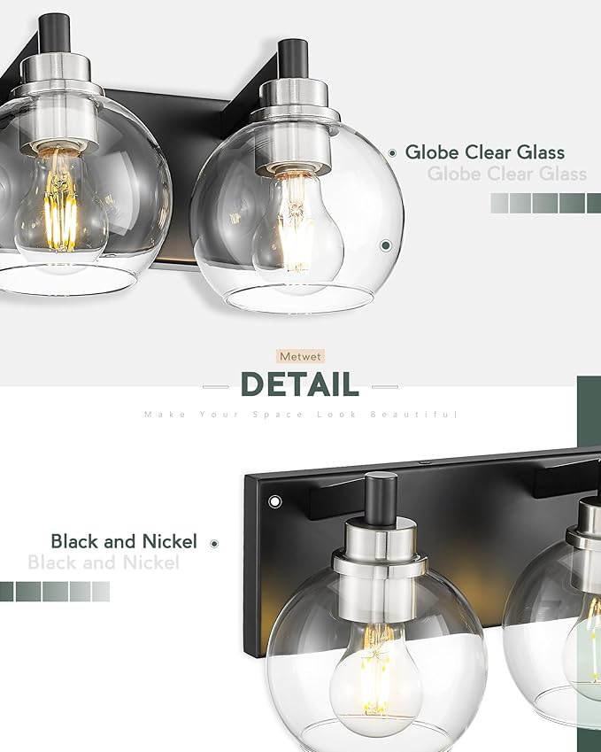 METWET Bathroom Light Fixtures, 4-Light Black and Brushed Nickel Bathroom - Image 3