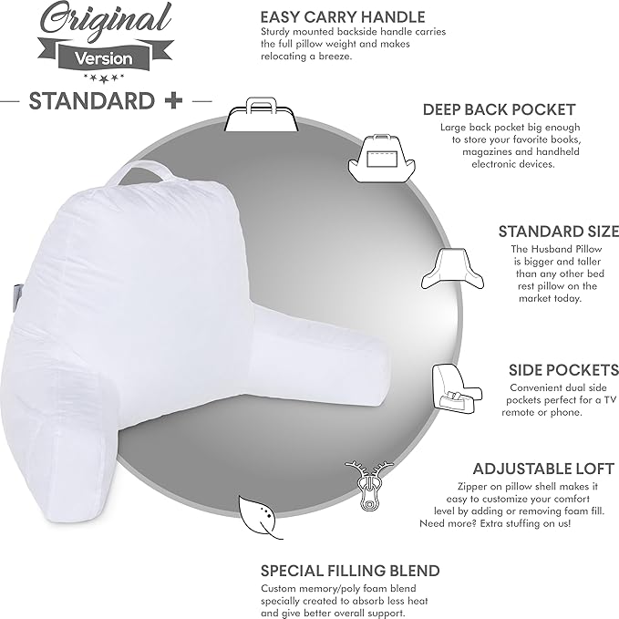 Husband Pillow White, Original Reading Pillow in Bed Rest Chair, Shredded - Image 4