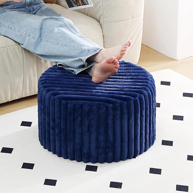 Tiita Round Stuffed Pouf Ottoman, Stripe Faux Fur Poufs by TiitaHome