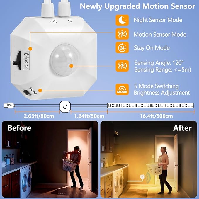 HOUHUI Motion Sensor Light Indoor Under Bed Lights, 16.4Ft Dimmable Motion - Image 2