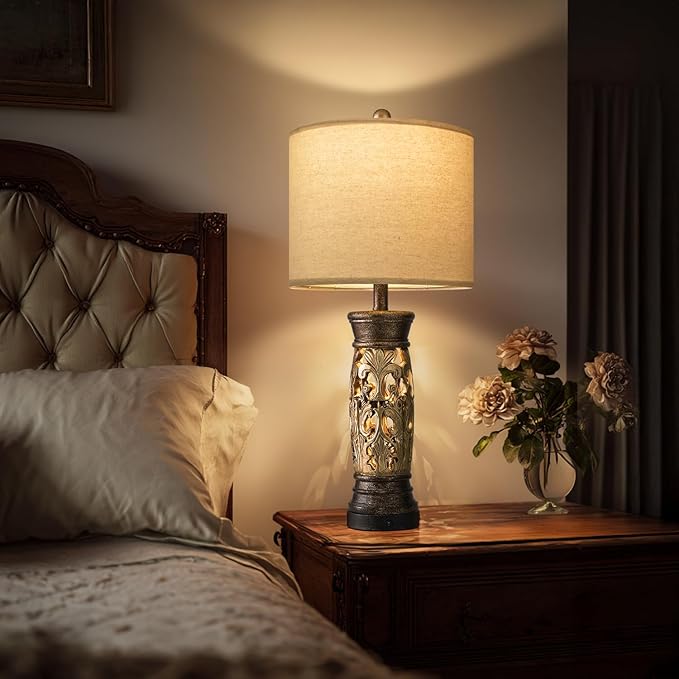 BOBOMOMO 27.25” Antique Gold Table Lamps Set of 2 – Farmhouse Bedside Lamps - Image 2