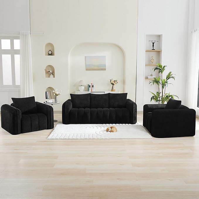 Corduroy Boneless Living Room Sets, Modern Upholstered 3 Seater Sofa by WUTUTUEE