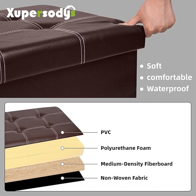 xupersodys 30 Inches Folding Storage Ottoman Bench, Faux Leather Footstool - Image 5