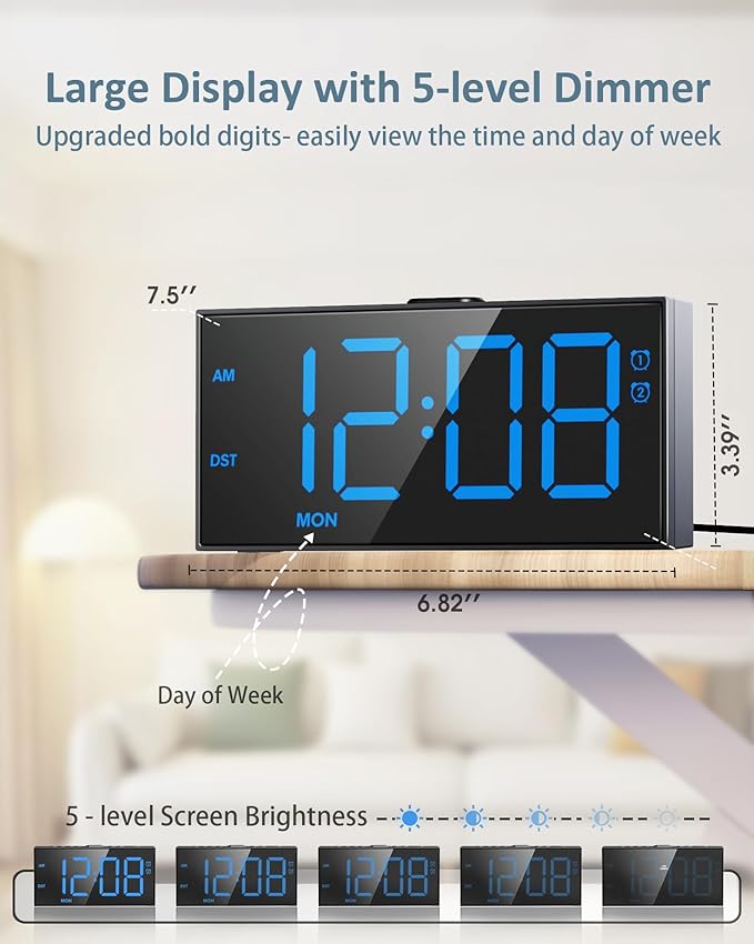 Digital Alarm Clock for Bedroom Heavy Sleepers, 7.5''Large Display, 2 Alarms - Image 3