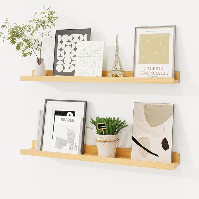 Picture Ledge Shelf, Solid Pine Wood Floating Shelves Set of 2, 24 Inches by FunMemories
