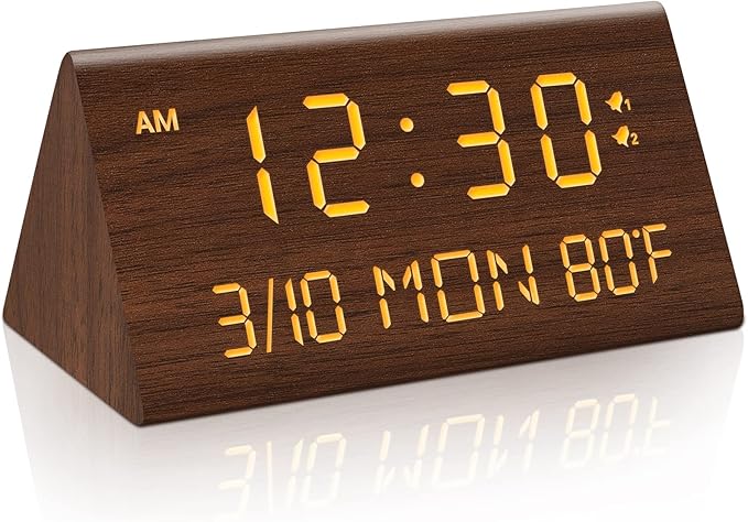 Kogonee Wooden Digital Alarm Clock, 0-100% Dimmer, 2 Alarm Settings, by Kogonee