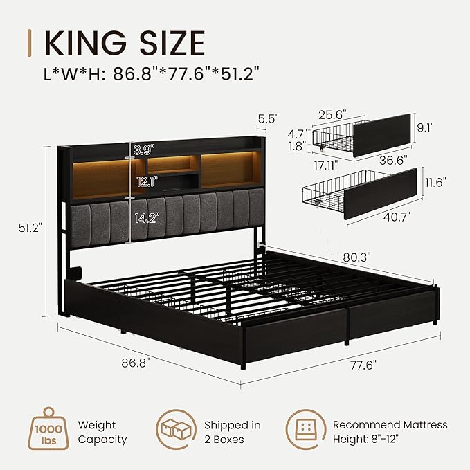 King Bed Frame with 6 Storage Drawers, Linen Upholstered Headboard, Built-in - Image 2