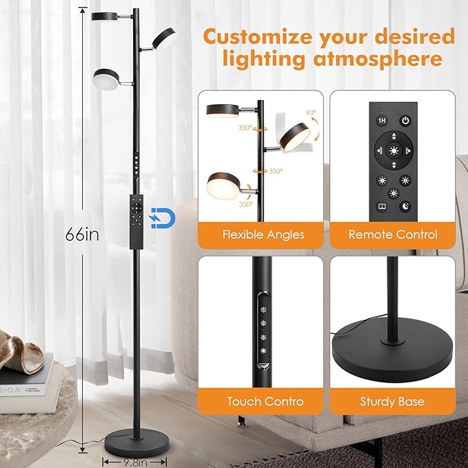 LED Tree Floor Lamp with Remote & Touch Control, 3 Heads Adjustable Dimmable - Image 4