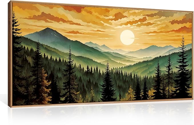 LHIUEM Large Boho Sunset Mountain Framed Canvas Wall Art, Retro Pine Tree Wall by LHIUEM