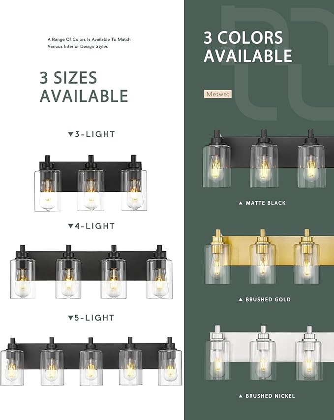 METWET 4-Light Bathroom Light Fixtures, Modern Vanity Lighting Fixtures Over - Image 8