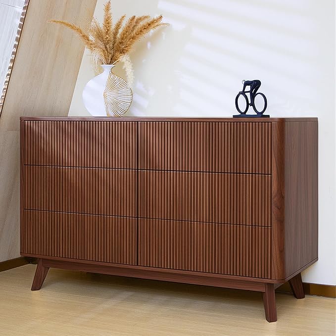 Fluted 6 Drawers Dresser for Bedroom, Wooden Dresser TV Stand, Wood Drawer by Airynee