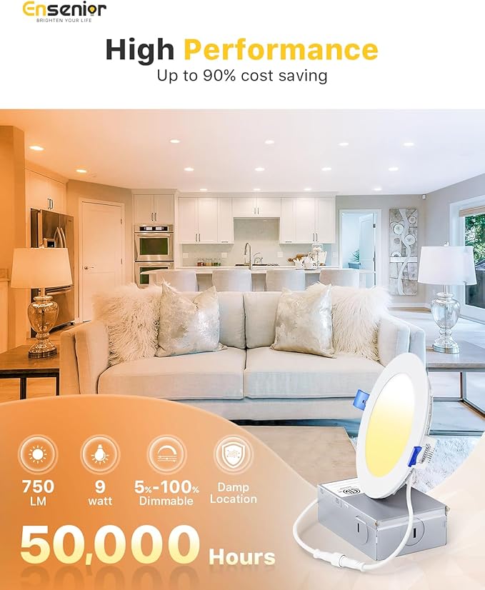 Ensenior 12 Pack 4 Inch LED Recessed Ceiling Light, 6000K Clear White, 750LM 9W - Image 2